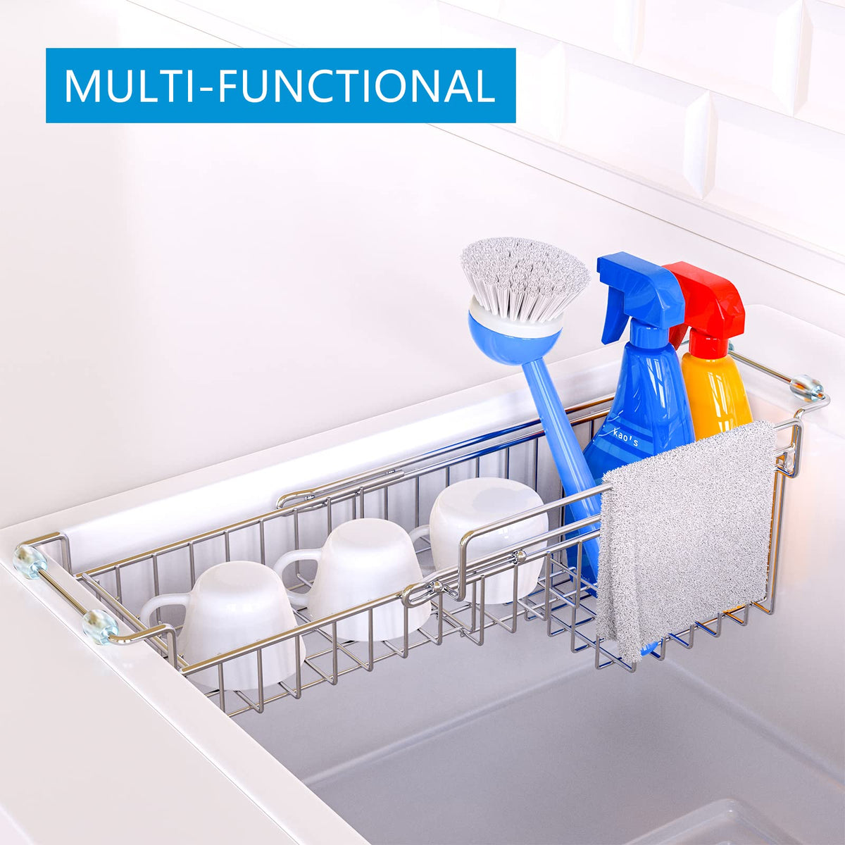 Side rail on the FavoThings caddy holds a dishcloth for quick drying