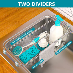 FavoThings stainless steel sink rack with silicone caps protecting sink surfaces.