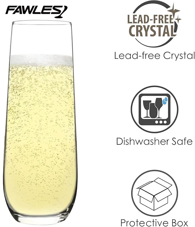 FAWLES dishwasher-safe label on crystal flutes for easy cleaning after hosting.