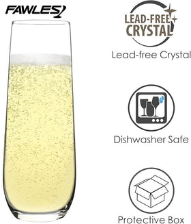 FAWLES dishwasher-safe label on crystal flutes for easy cleaning after hosting.
