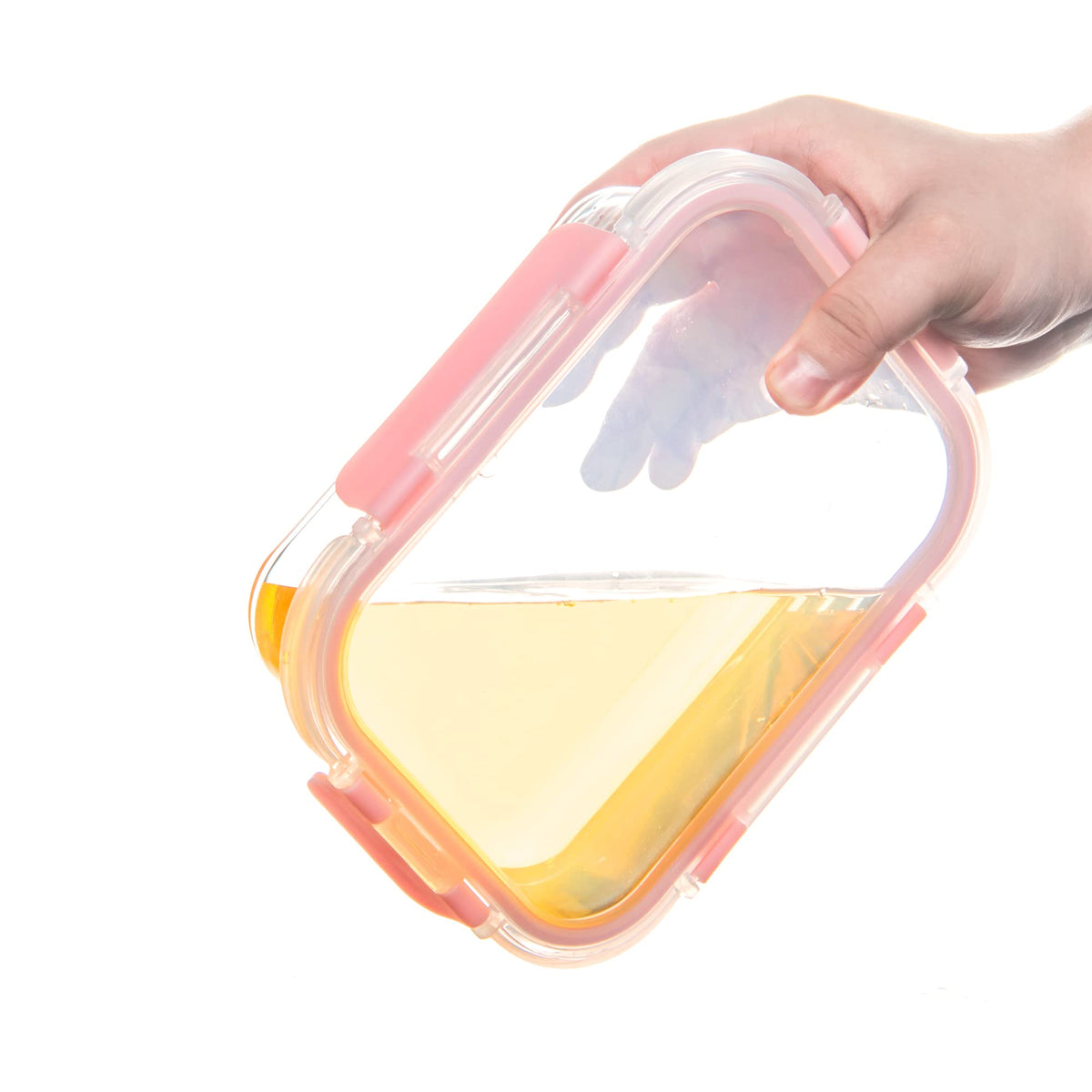 Stackable design helps save space in fridge and pantry.