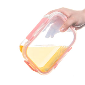 Stackable design helps save space in fridge and pantry.