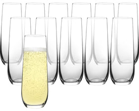 FAWLES stemless champagne flutes 12-pack with crystal clarity, ideal for entertaining and preserving bubbles.