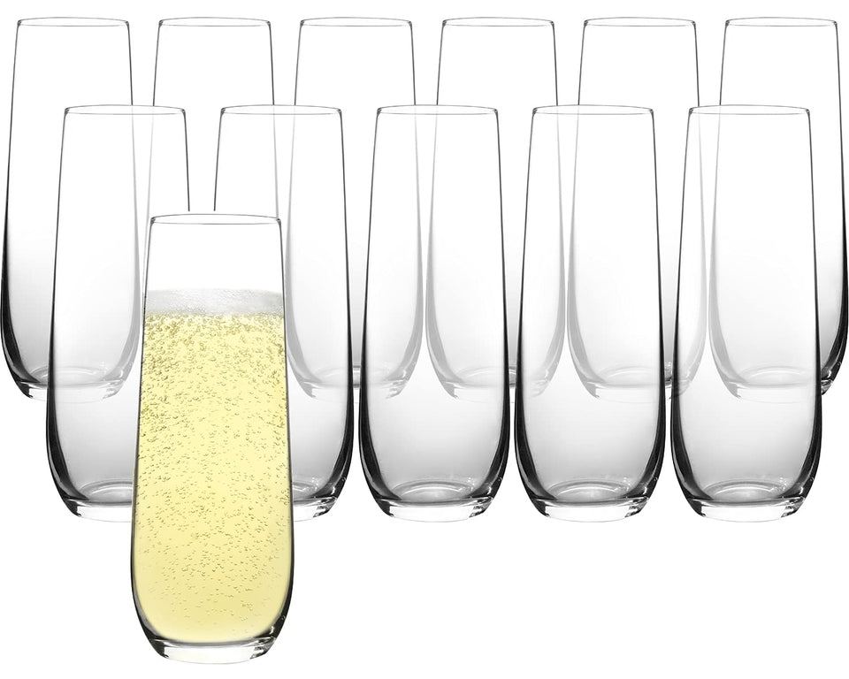 FAWLES stemless champagne flutes 12-pack with crystal clarity, ideal for entertaining and preserving bubbles.