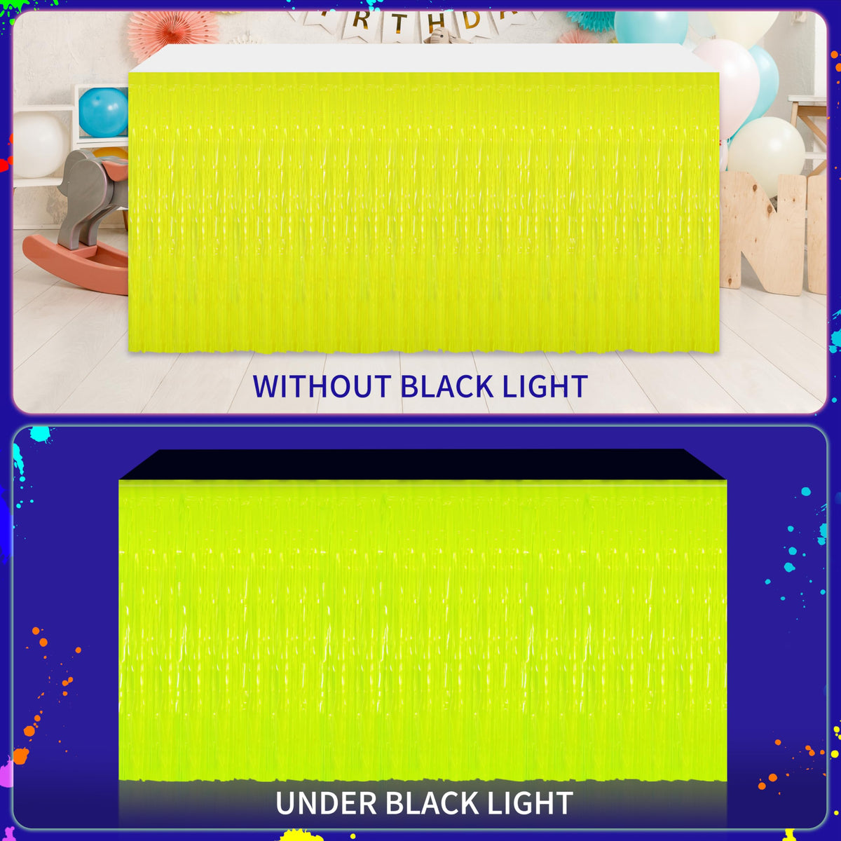 Fayoo glow neon green table skirt luminous under blacklight for rave setups.