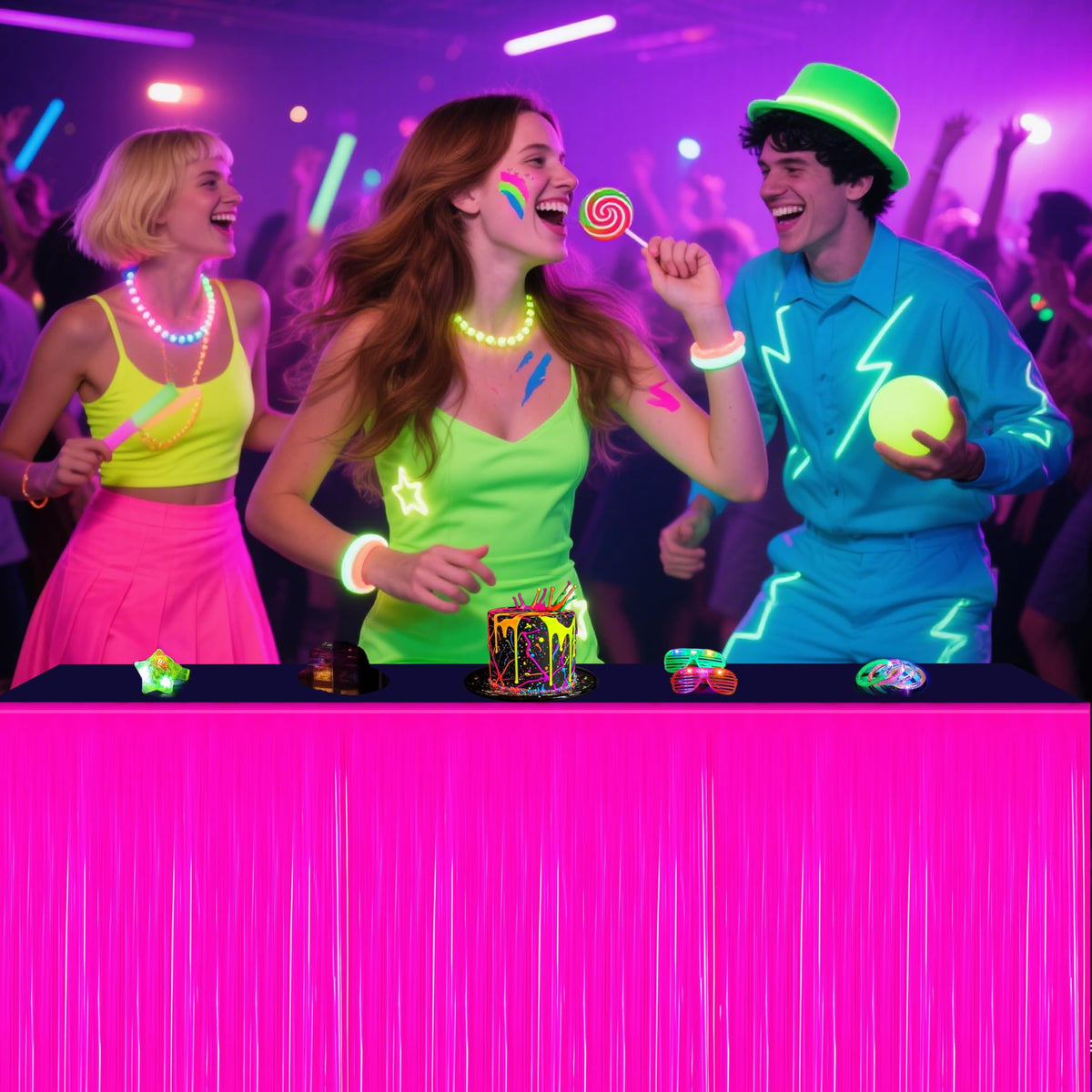 Fayoo glow neon table skirts packaging highlights quick peel-and-stick setup.