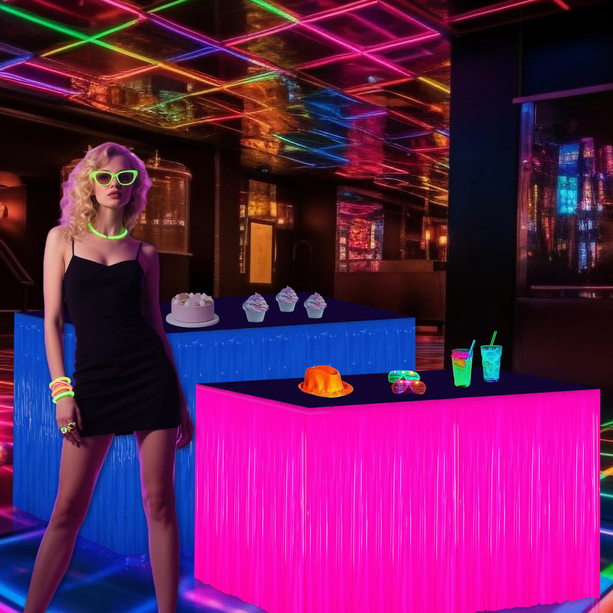 Fayoo Glow table skirt purple creates a vibrant, UV-reactive glow.