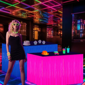 Fayoo Glow table skirt purple creates a vibrant, UV-reactive glow.