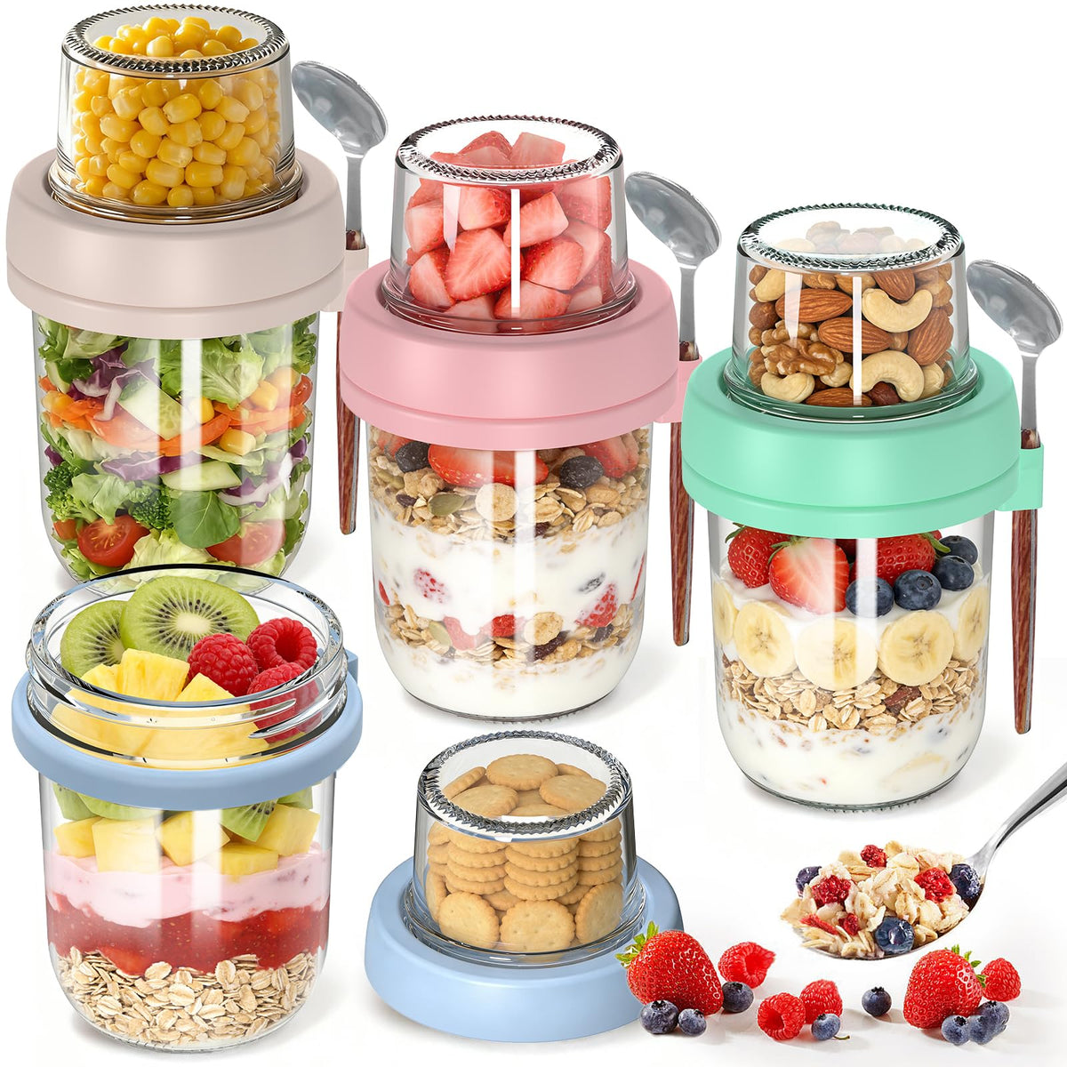 Fcotsm dual-layer 20 oz glass jar for oats and toppings, leakproof.