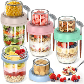 Fcotsm dual-layer 20 oz glass jar for oats and toppings, leakproof.