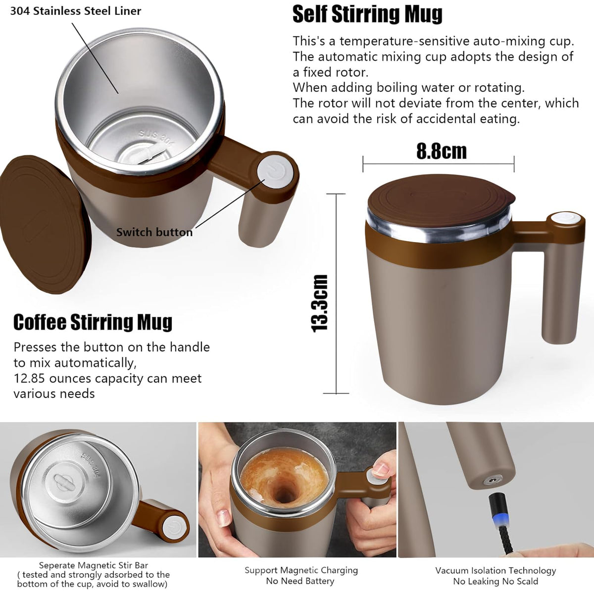 FCSWEET mug on charging dock highlights rechargeable power for daily use