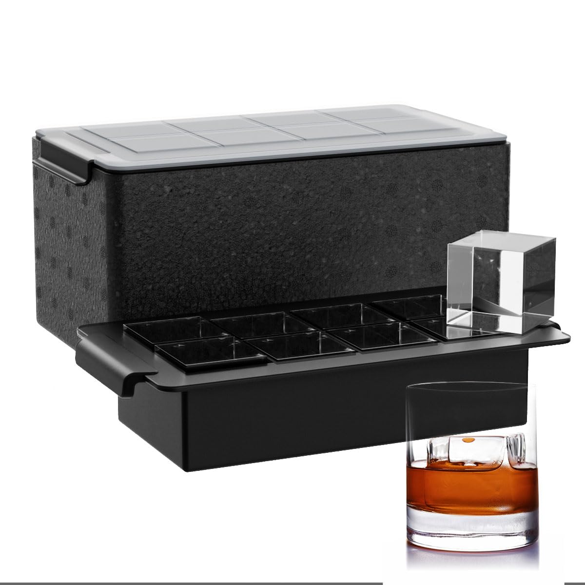 FDDBI clear ice tray showing 2-inch cubes for slow-melt whiskey chill
