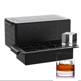 FDDBI clear ice tray showing 2-inch cubes for slow-melt whiskey chill