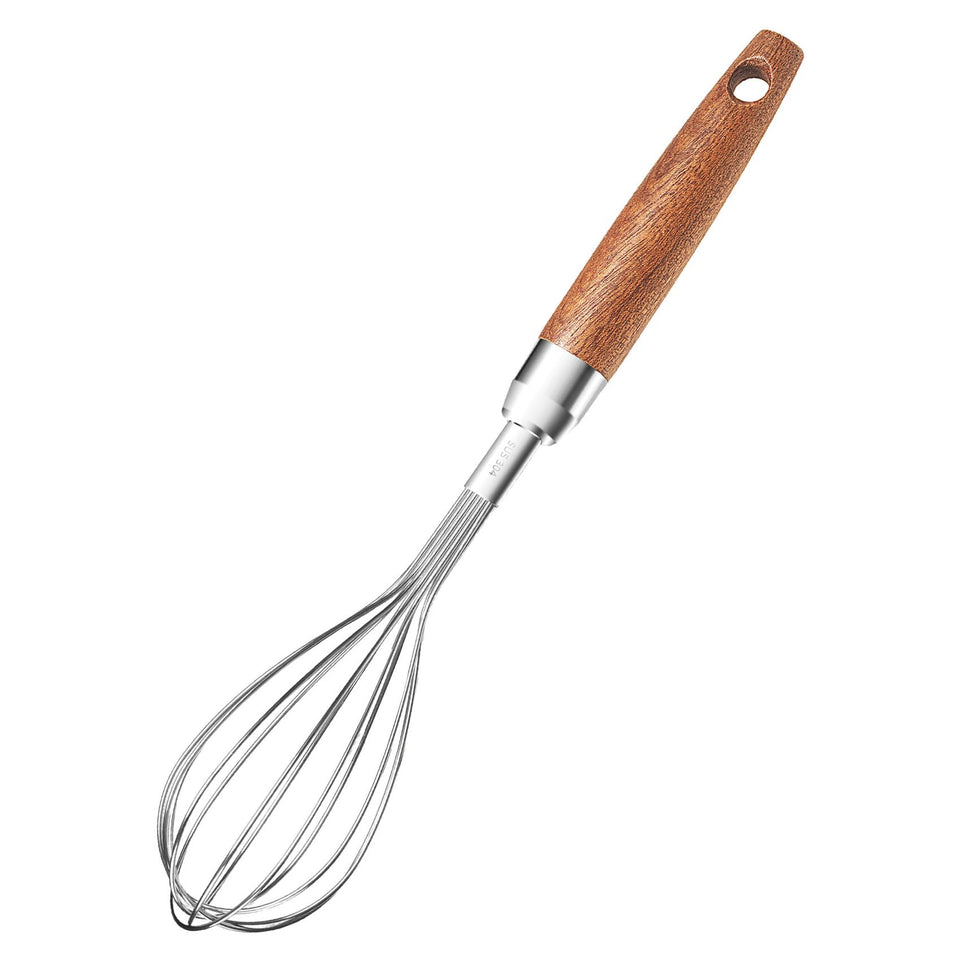FDEYIQ balloon whisk with wooden handle for comfortable batter mixing.