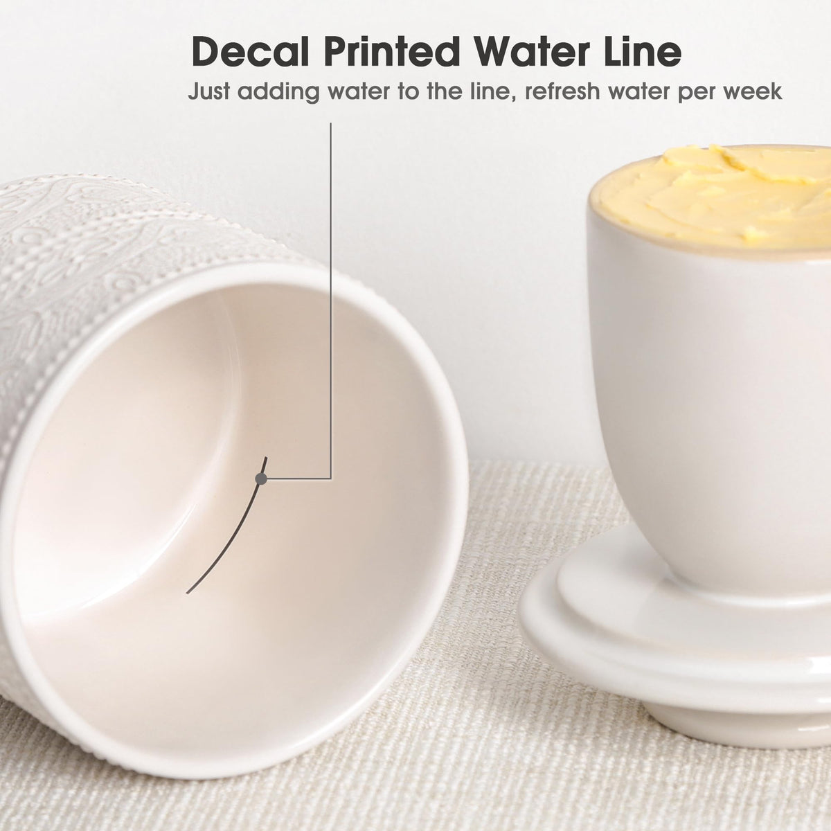 FE FUN ELEMENTS butter crock lace detail adds timeless kitchen elegance.