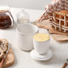 FE FUN ELEMENTS butter crock red version adds festive color to table.