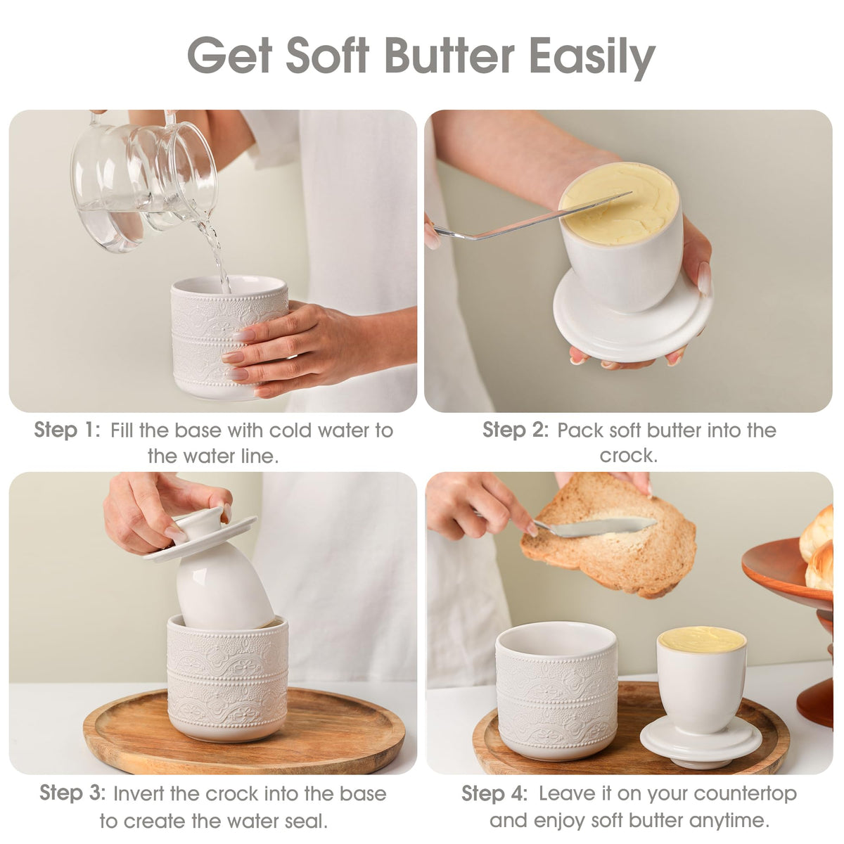 FE FUN ELEMENTS butter crock white countertop display for everyday use.