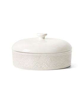 FE Fun Elements ceramic tortilla warmer with lace-embossed white finish keeps tortillas warm for gatherings