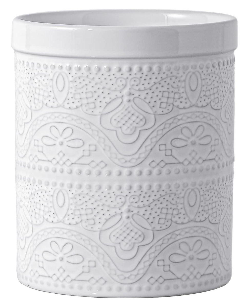 FE FUN ELEMENTS lace-emboss utensil holder in white keeps utensils upright and accessible.