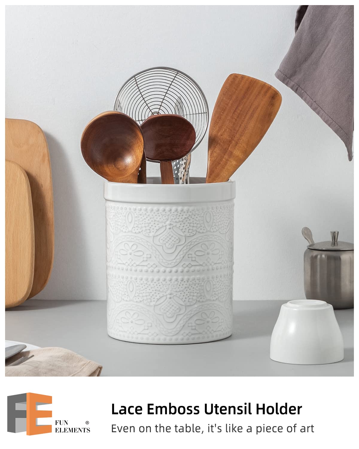FE FUN ELEMENTS large ceramic utensil crock for stable counter storage.