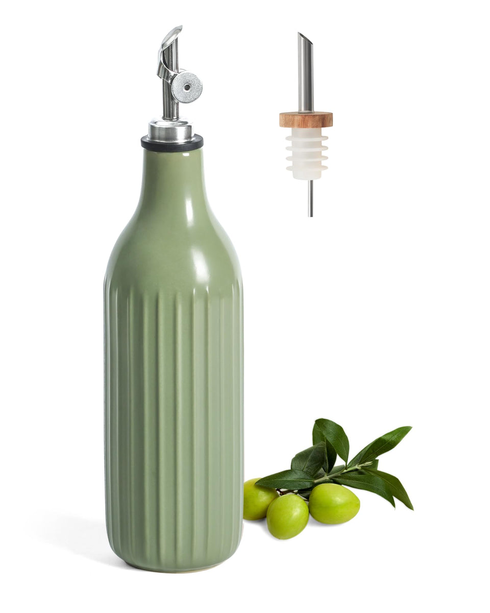 FE FUN ELEMENTS olive oil dispenser with wooden spout for controlled pouring.