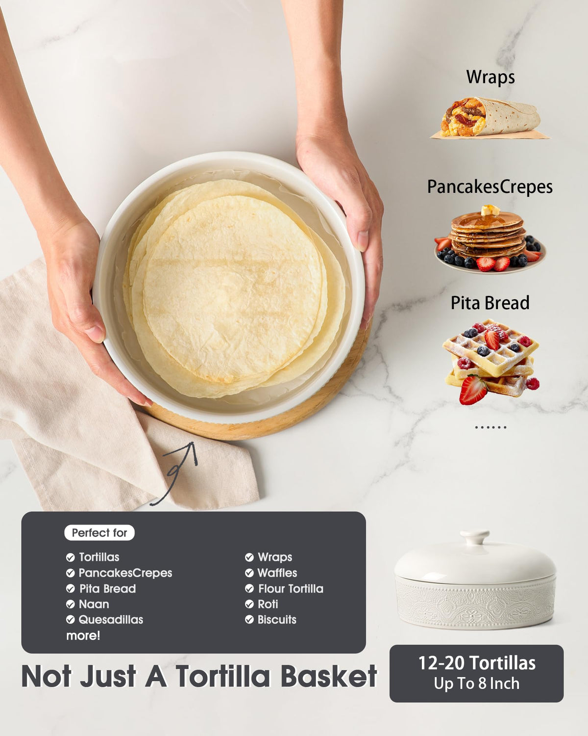 FE Fun Elements ceramic tortilla warmer shown with tortillas ready to serve