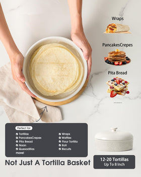 FE Fun Elements ceramic tortilla warmer shown with tortillas ready to serve