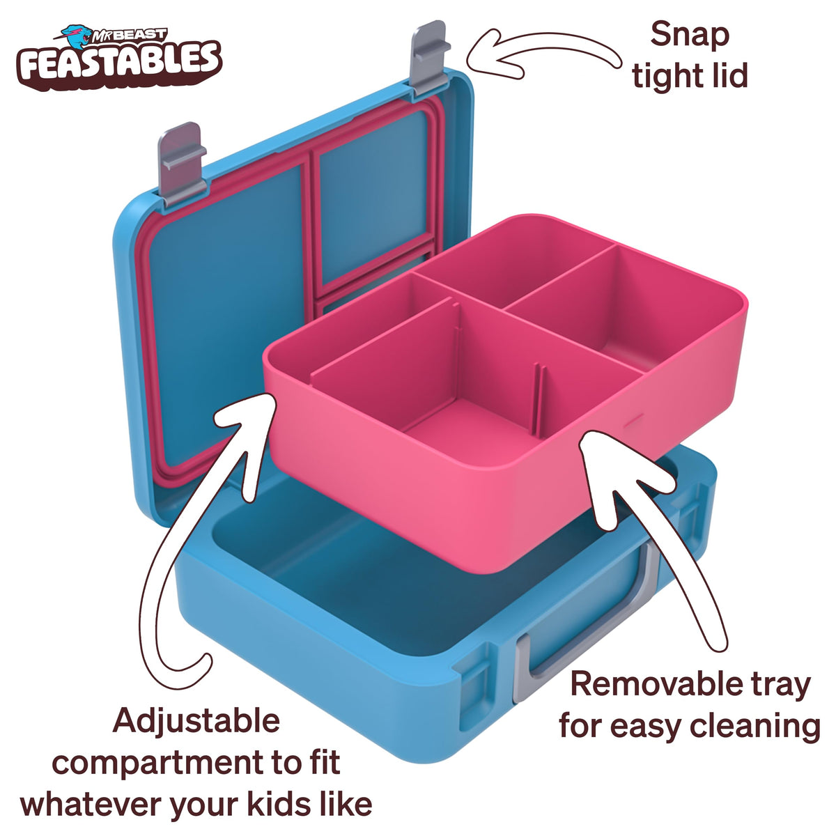 Feastables lunchbox lid close with snap-tight seal for leak prevention