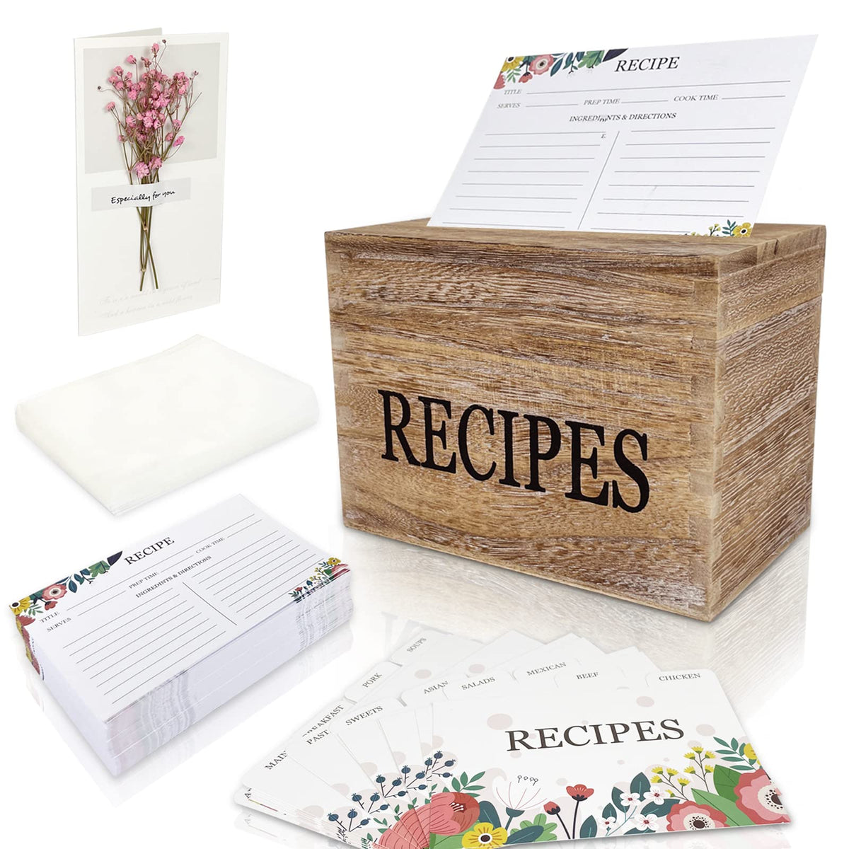feasteery wooden recipe box organizer keeps favorite recipes neatly stored.