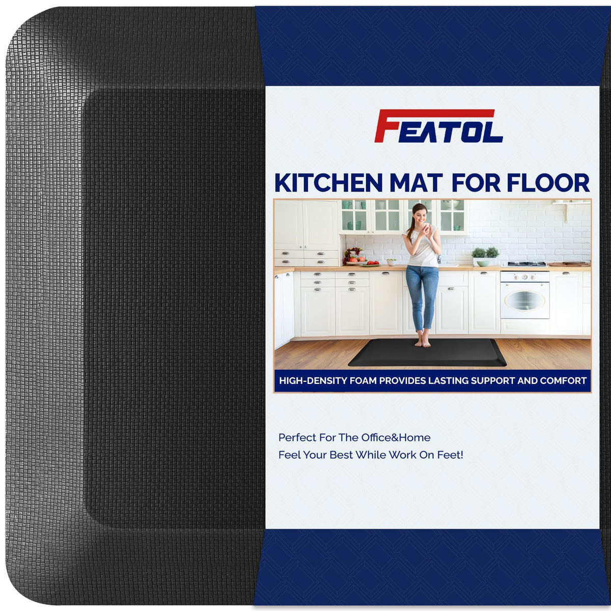 FEATOL anti-fatigue mat on a desk setup, supporting all-day comfort