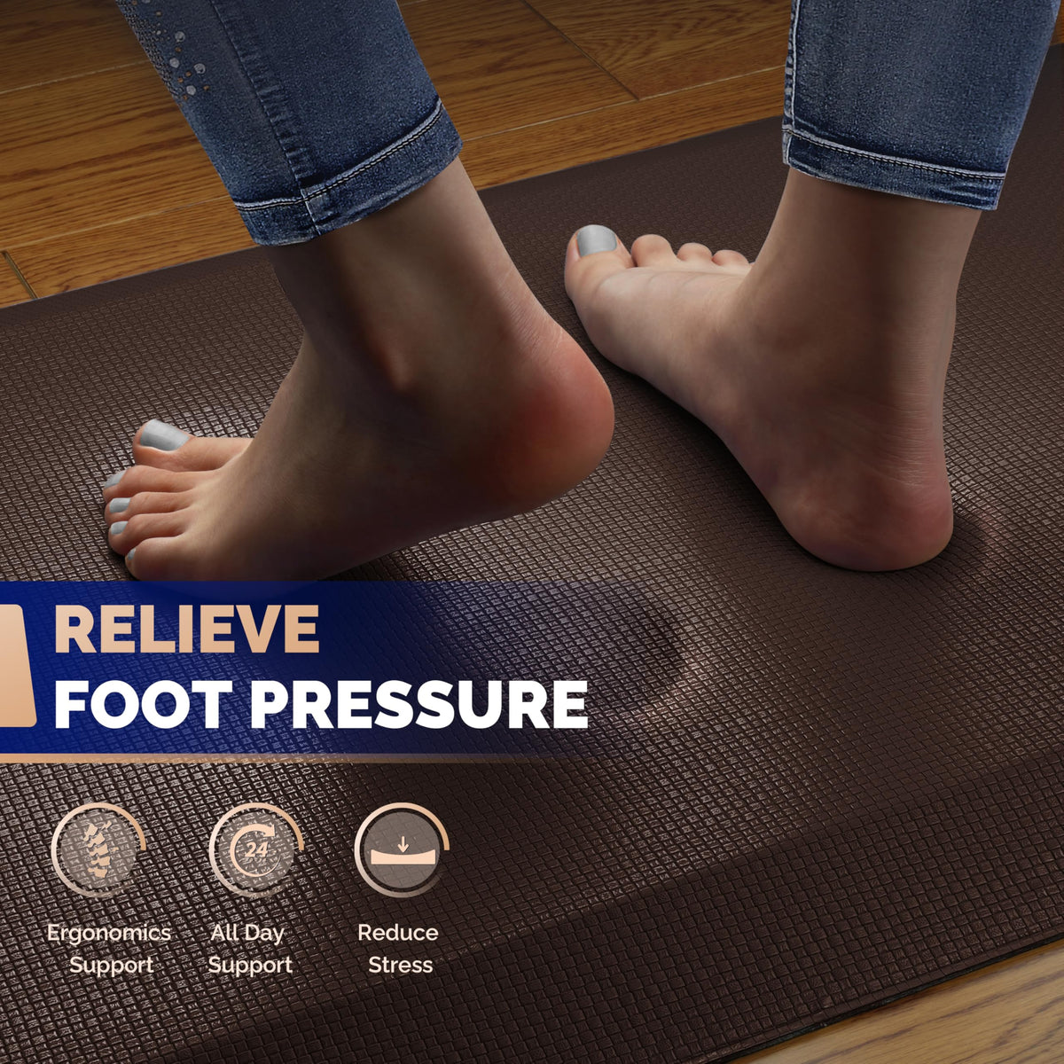 FEATOL anti-fatigue mat on kitchen counter highlighting stain-resistant PU leather and easy cleaning.