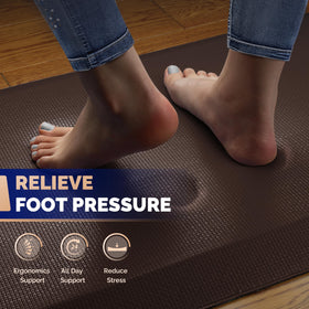 FEATOL anti-fatigue mat on kitchen counter highlighting stain-resistant PU leather and easy cleaning.