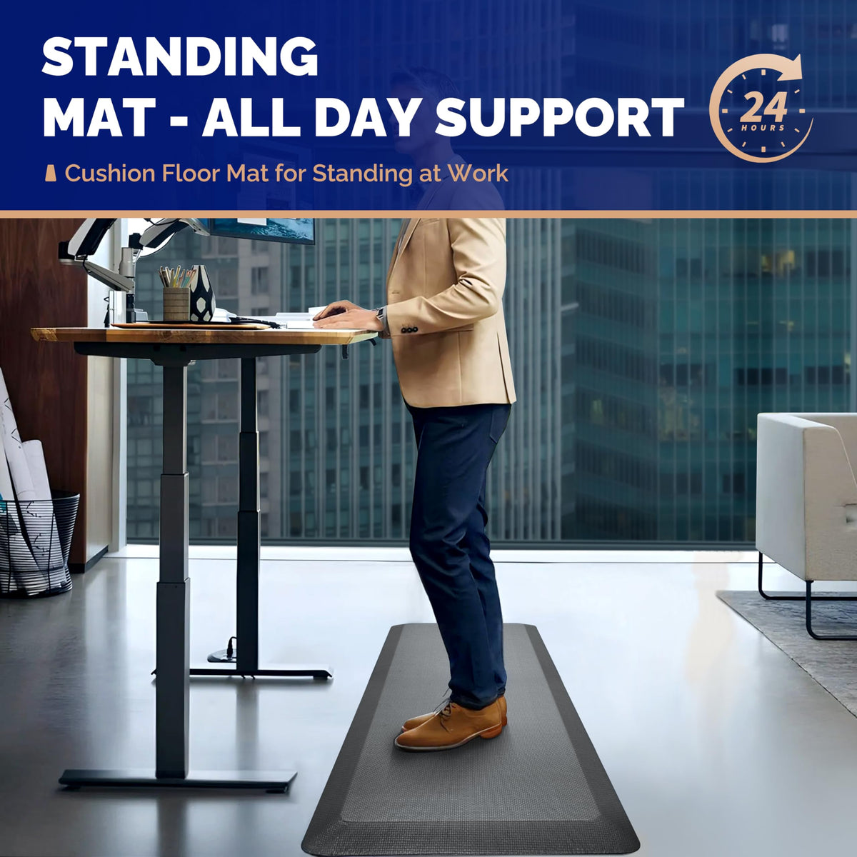 FEATOL anti-fatigue mat with non-slip bottom and beveled edges for stability.