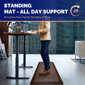 FEATOL anti-fatigue mat under standing desk in a focused office setup.