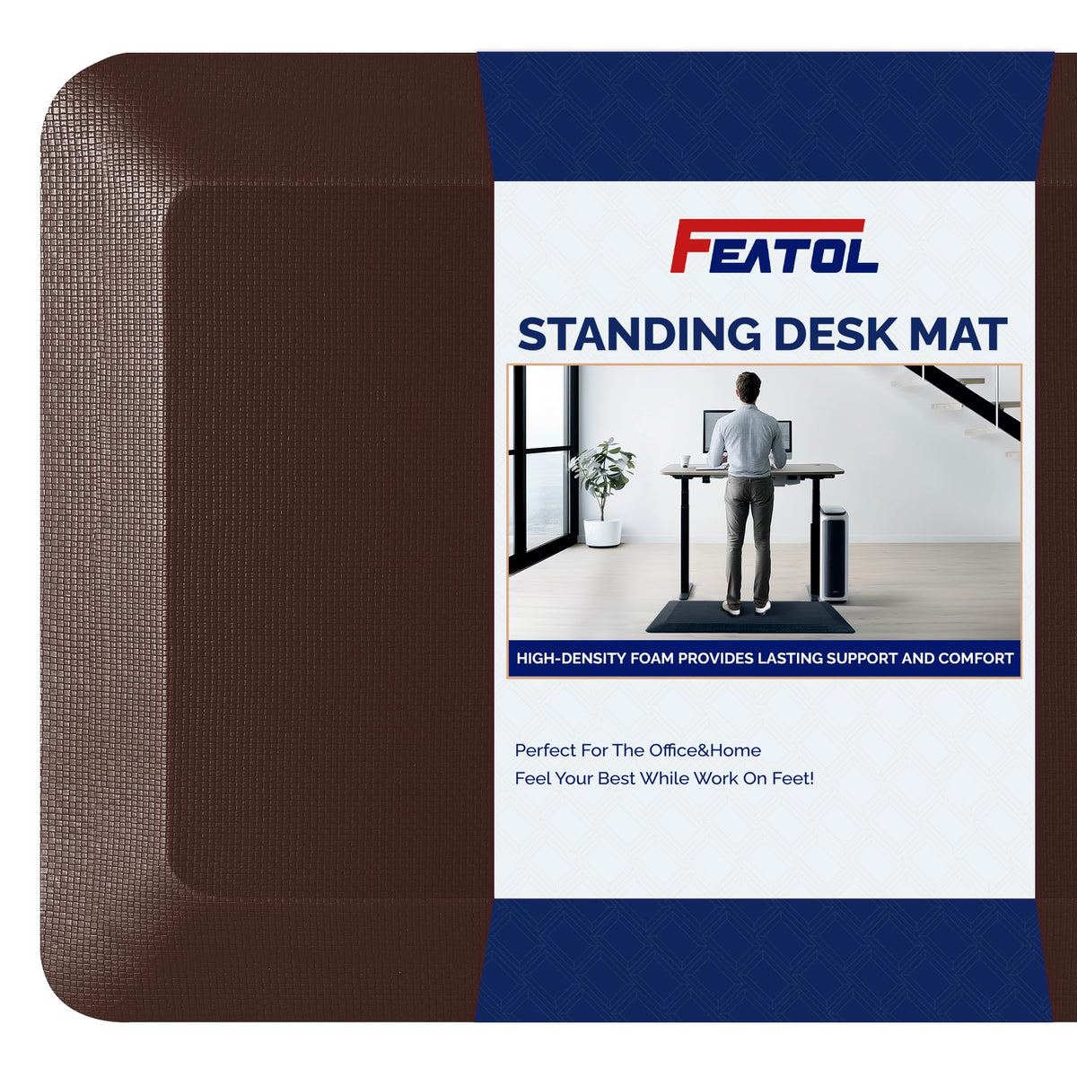 FEATOL anti-fatigue mat top view shows plush memory foam and brown PU surface for lasting comfort.