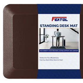 FEATOL anti-fatigue mat top view shows plush memory foam and brown PU surface for lasting comfort.