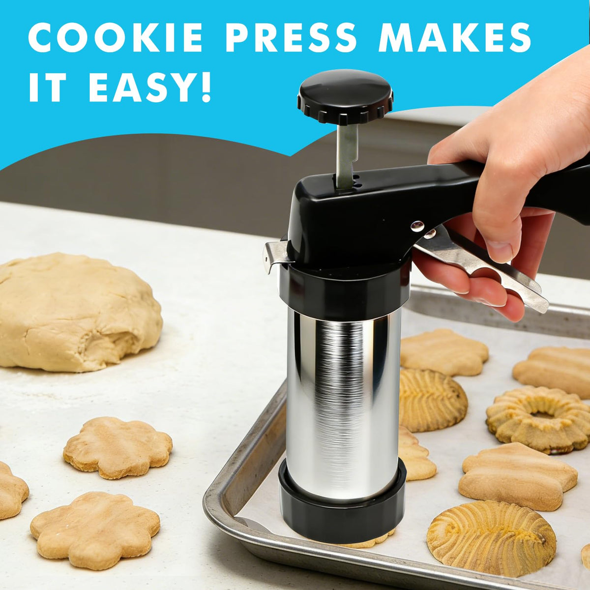 FEAYEA cookie press gun kit with 13 discs for varied cookie shapes.