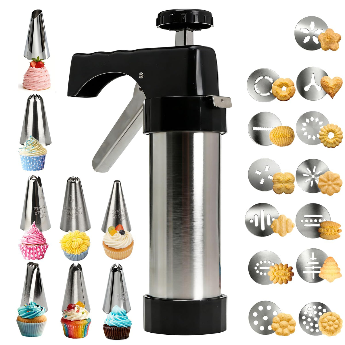 FEAYEA stainless steel cookie press with 13 discs for easy, even cookies and decorative designs.