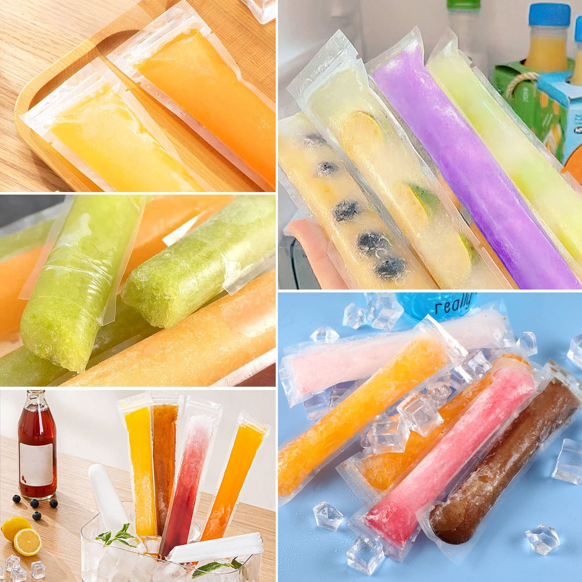 Stacked FEBSNOW popsicle bags ready for freezing and storage