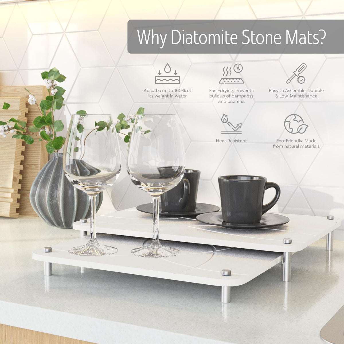 FEDBB diatomaceous earth drying mats absorb water quickly on counters.