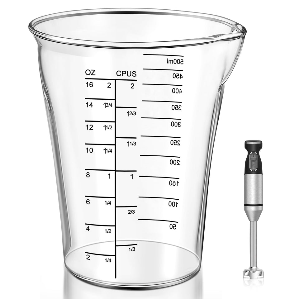 Feekoon 16oz glass blender measuring cup showing crystal clarity for precise measurements