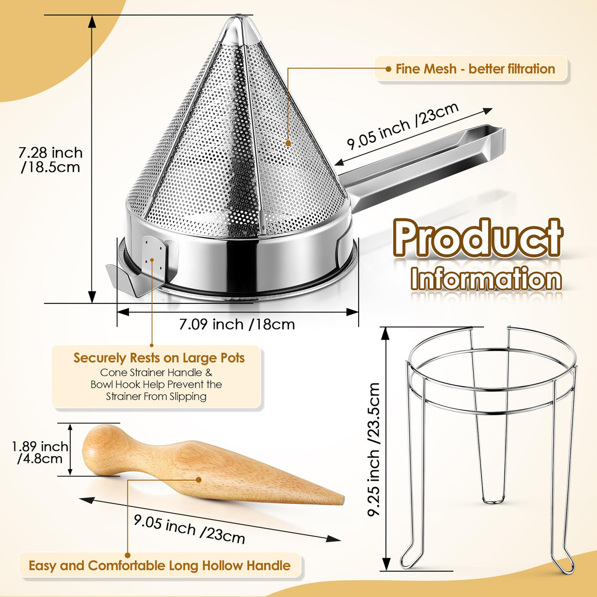 Feekoon chinois stand chrome holds the strainer steady for hands-free pressing.