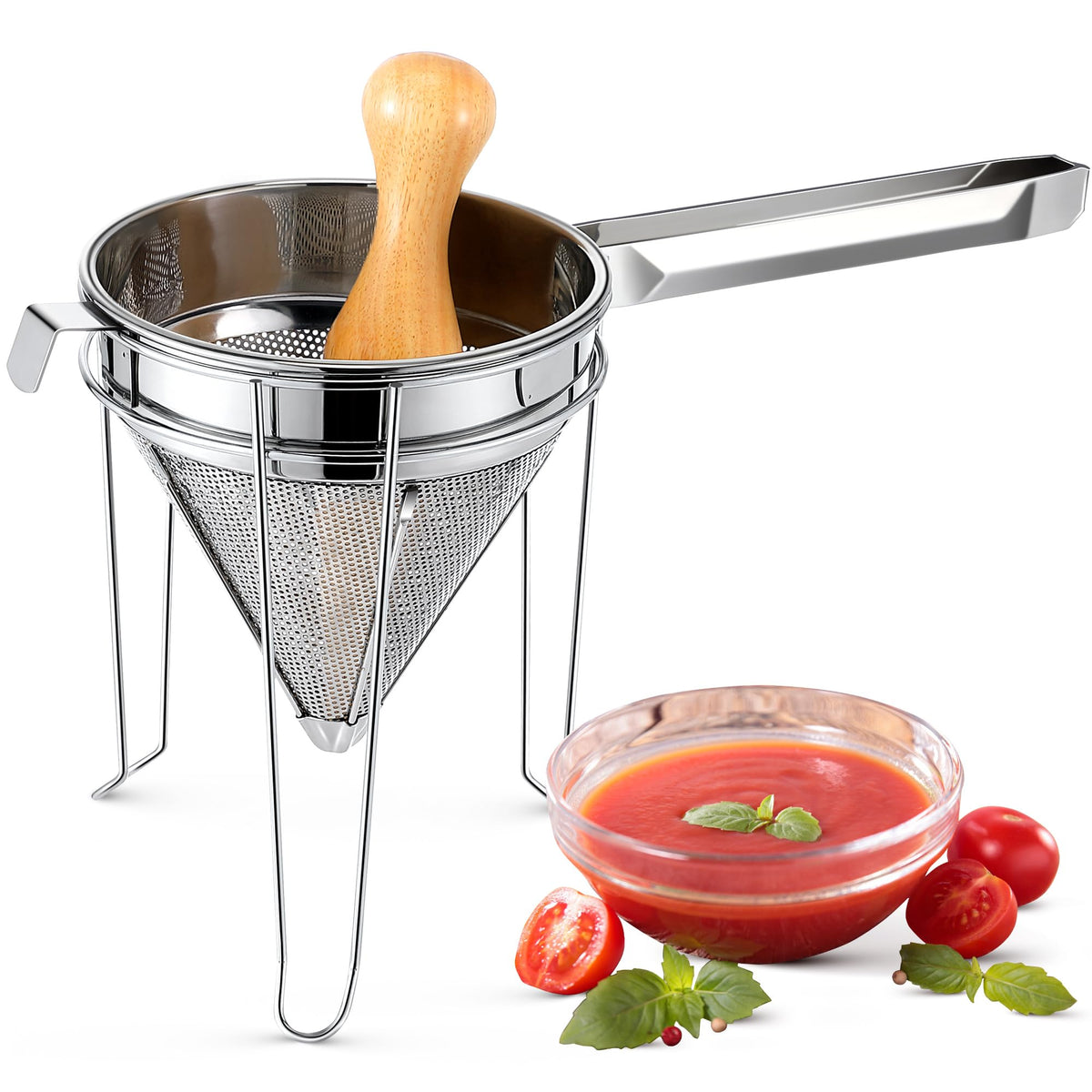 Feekoon chinois strainer with conical design minimizes spills while straining sauces.