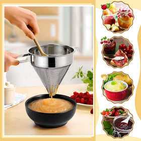Feekoon stand with strainer fits large pots for easy resting during processing.