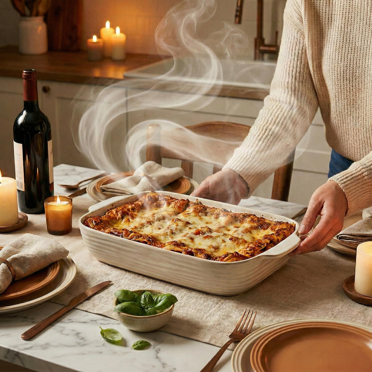 Feenmai ceramic casserole dish highlights even heat distribution for consistent results.