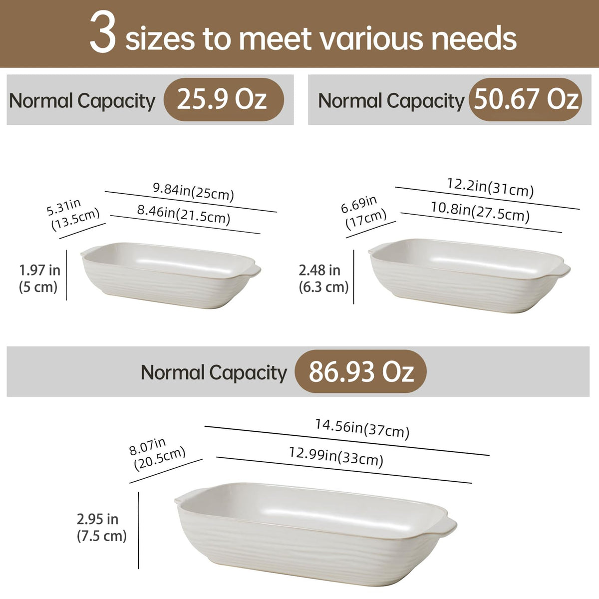 Feenmai nestable ceramic bakeware set saves cabinet space when stored.