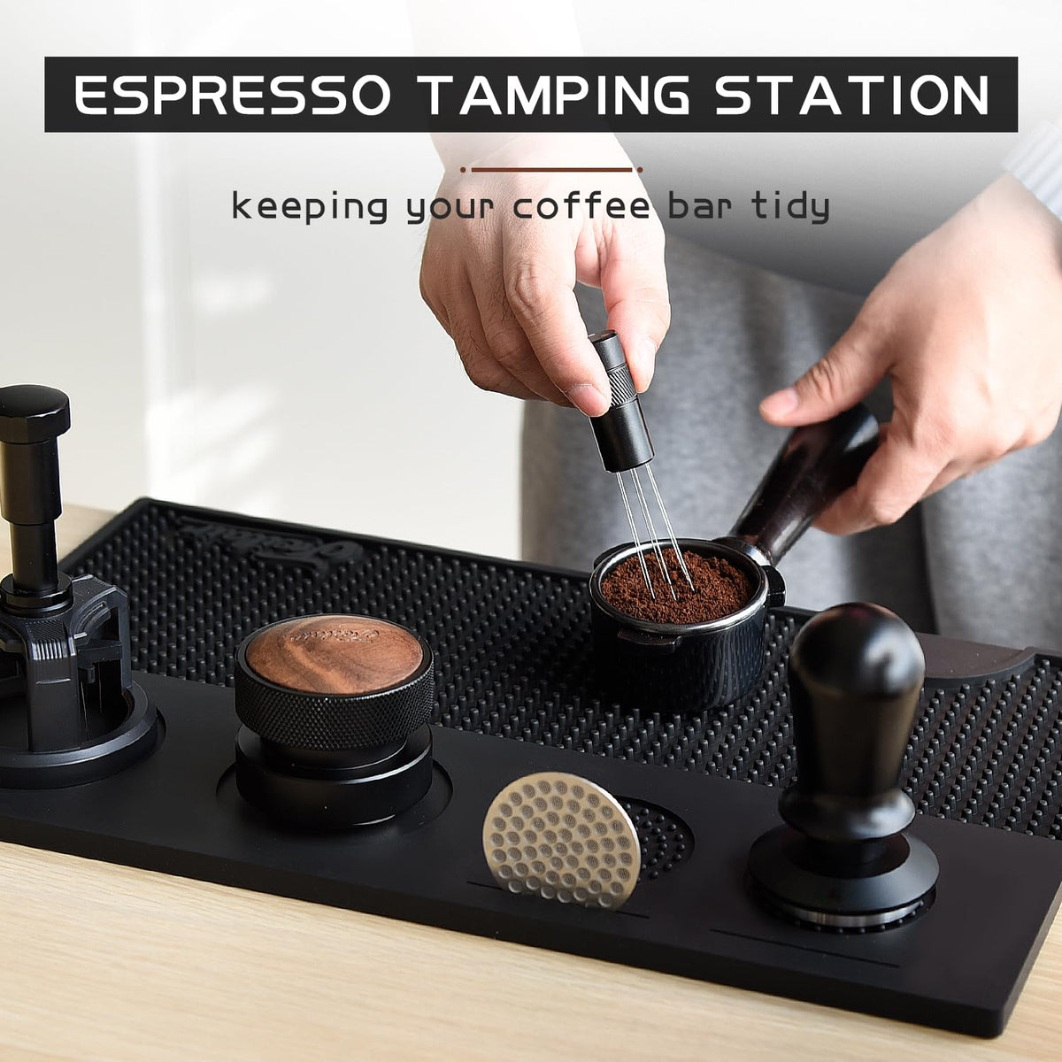 FEILAIR espresso bar mat with slots keeps accessories organized.