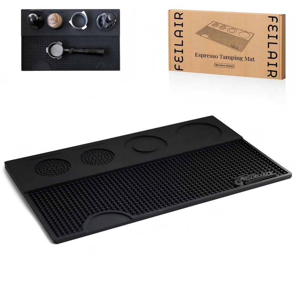 FEILAIR espresso tamping mat on countertop provides a stable tamping surface.