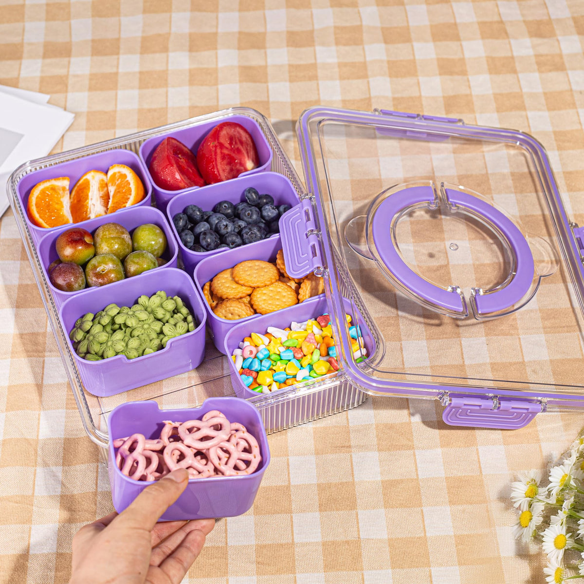 FEIOOD clear lid shows compartments while preventing spills.