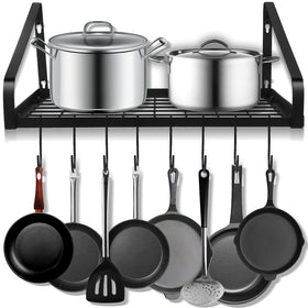Felibeaco hanging pots and pans rack front view with eight hooks for organized cookware.